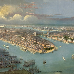 Vintage Landkarte von New York City am Hudson River aus der Vogelperspektive, 1851. Vintage Home Deco Stil Ölgemälde Reproduktion