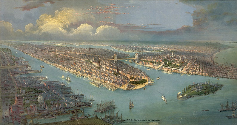 Vintage Karte Vogelperspektive von New York City mit dem - Etsy.de