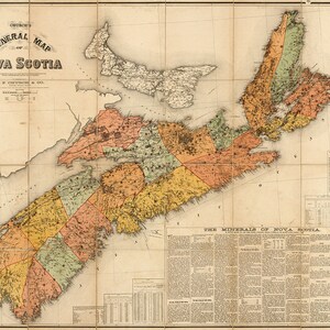 Carte minérale de la Nouvelle-Écosse, Canada 1889. Reproduction ancienne de style déco maison.