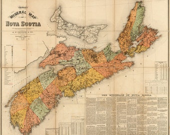 Mineral map of Nova Scotia, Canada 1889. Home Deco Style Old Reproduction.