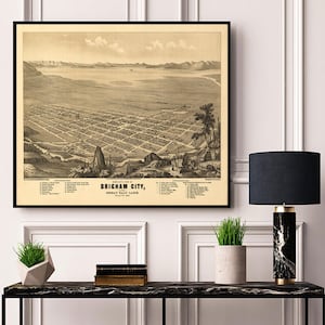May include: A vintage map of Brigham City, Great Salt Lake, Utah, dated 1875. The map shows the city layout with streets and buildings, and includes a key with names of landmarks and businesses.