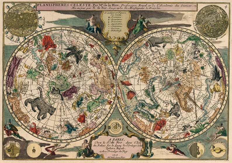 Planisphere Print Planispheres Celeste by Fer, Nicolas De, 1705. Vintage Restoration ...