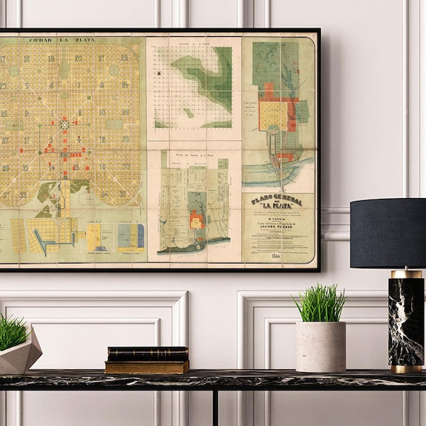 Pictorial Map of La Plata, Buenos Aires Province, Argentina. Vintage home Deco Style old wall reproduction map print.