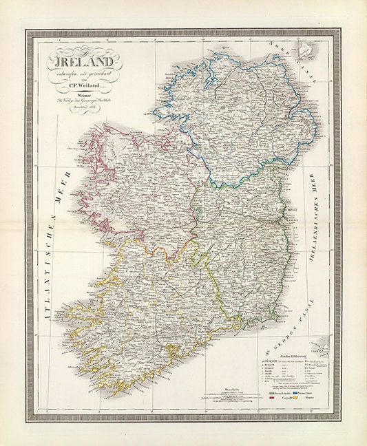 Map of Ireland, 1853.  Vintage restoration hardware home Deco Style old wall reproduction map print.