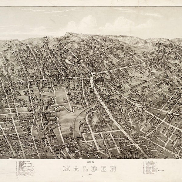 Map of Malden, Middlesex County, Massachusetts (MA.), 1881.  Restoration Hardware Home Deco Style Old Wall Map. Vintage Reproduction.