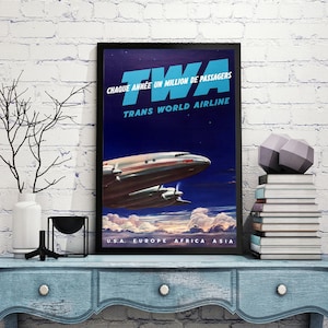 Cartaz publicitário de viagens vintage em francês para Trans World Airline TWA. Chaque annee um milhão de passageiros