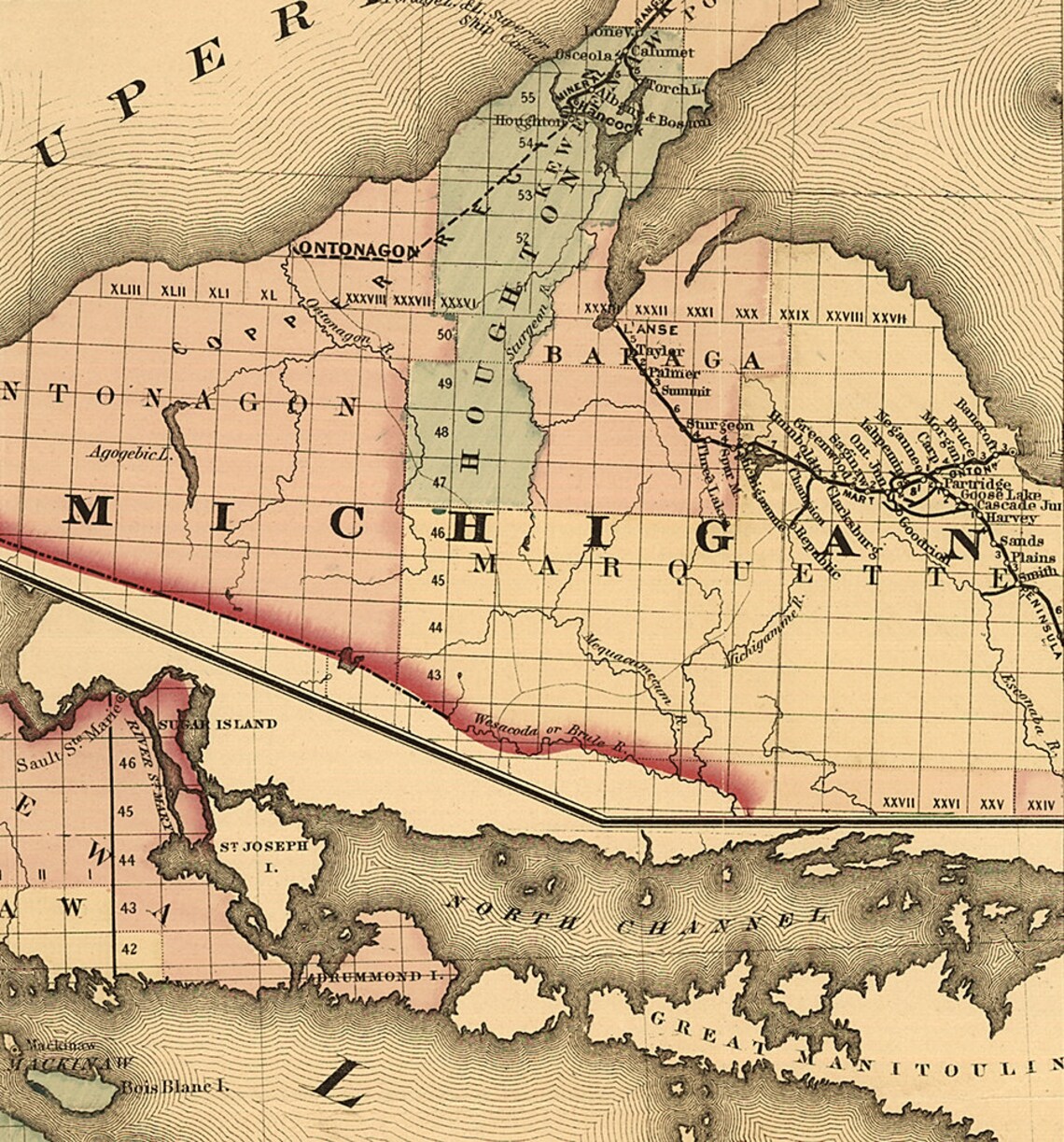 Railroad map of Michigan prepared for the commissioner of Etsy