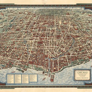 Chicago, Illinois Chicago, USA. Ilustrowana reprodukcja mapy z lotu ptaka. 1938. Turzak, Charles i Henry T. Chapman