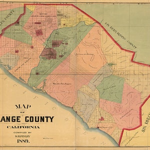 Karte von Orange County, Kalifornien 1889.  Restaurierung Hardware Home Deko Stil Alte Wand Vintage Nachdruck.