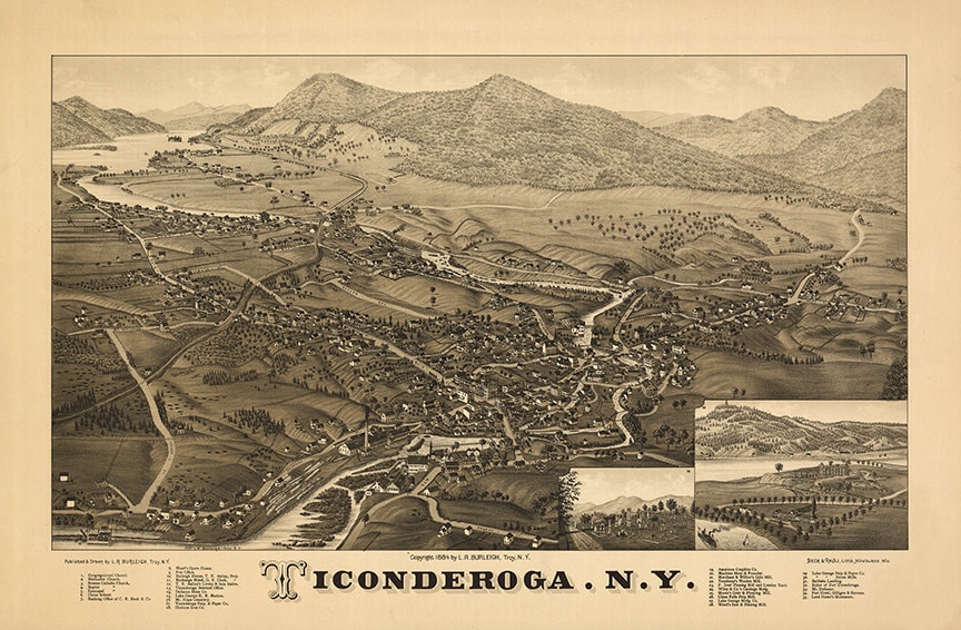 Map of Ticonderoga, Essex Co., New York N.Y.  1884.  Restoration Hardware Home Deco Style Old Wall Vintage Reprint.  NY0412