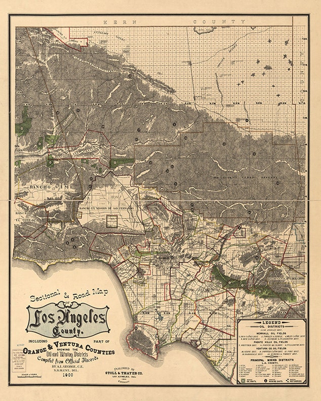 Map of Los Angeles County, California CA 1900. Vintage