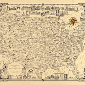 Amerika das Wunderland : eine Bildkarte der Vereinigten Staaten.  Restaurierung Hardware Home Deco Stil alte Wand Vintage Reprint