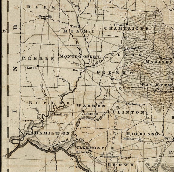 Map of Ohio OH Including County Line, 1820. Vintage Restoration