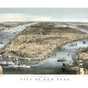 Ciudad de Nueva York y Battery Park en primer plano y Brooklyn Heights en la esquina inferior derecha, 1856. NY0006 Reproducción del mapa vintage a vista de pájaro