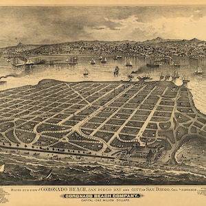 Città di Coronado Beach, Baia di San Diego e città di San Diego, California (CA), 1880. Mappa di riproduzione vintage.