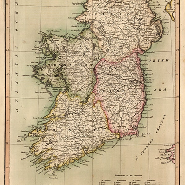Map of Ireland 1814.  Vintage restoration hardware home Deco Style old wall reproduction map print.