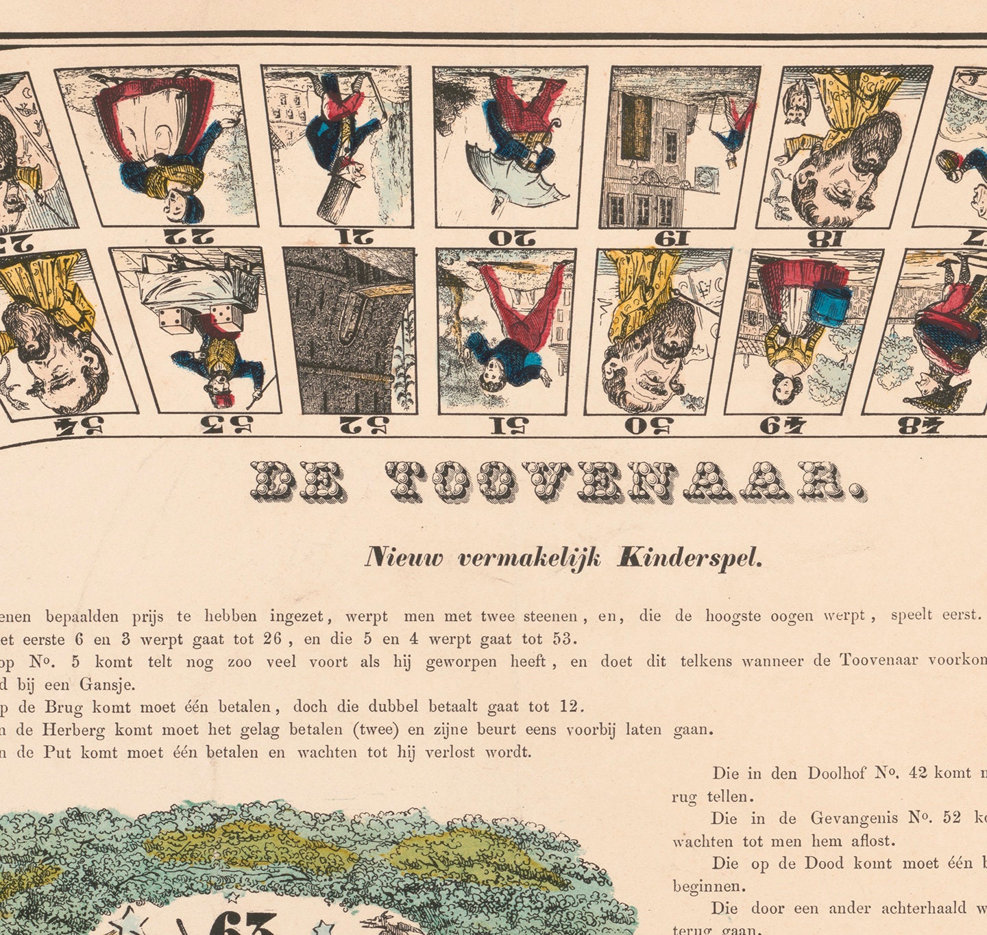 Jeu De L'Oie "De Toovenaar / Le Magicien" - Affiche Plastifiée - Pays-Bas XIXe Siècle - Neuf