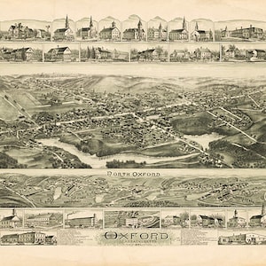 Map of Oxford, Worcester Co., Massachusetts MA.  1891.  Vintage restoration hardware home Deco Style old wall reproduction map print.