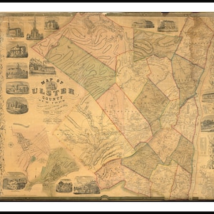 Map of Ulster County, New York NY 1854.  Vintage home Style old wall reproduction map print.