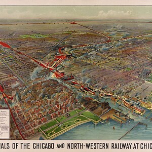 Reproducción histórica del mapa antiguo de las terminales ferroviarias de Chicago y el Noroeste en Chicago, Illinois, 1916. Disponible en diferentes tamaños.