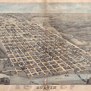 Carte d'Austin, comté de Travis, Texas, TX ... Années 1873. Impression de reproduction de carte murale ancienne de style déco pour la maison, quincaillerie de restauration vintage.