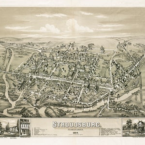 Mapa de Stroudsburg, Monroe Co., Pensilvania. 1884 Reproducción Vintage Póster Histórico Imprimir Mapa