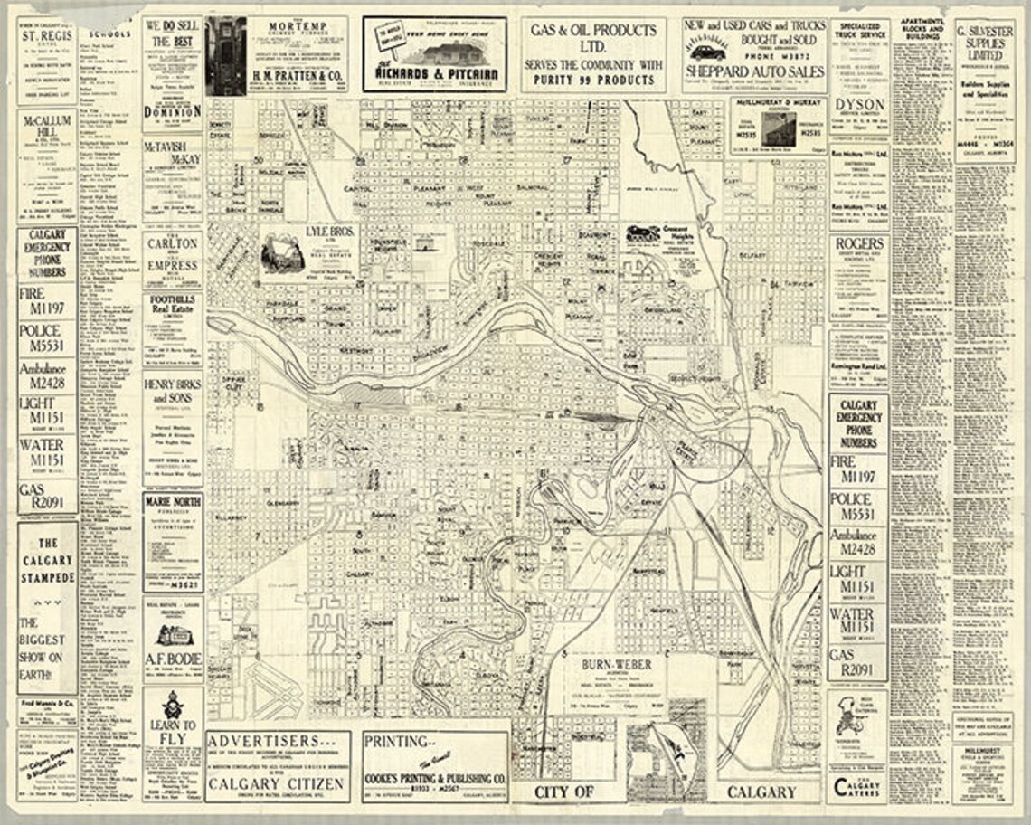 Map of Calgary Alberta Canada in 1950. Restoration Hardware Etsy