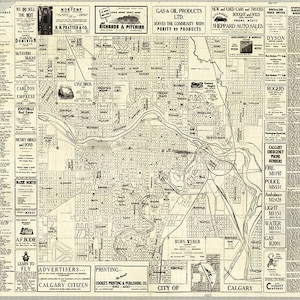Landkarte von Calgary, Alberta, Kanada 1950.  Restaurierung Hardware Home Deko Stil Alte Wand Vintage Vogelauge Ansicht Nachdruck Karte.