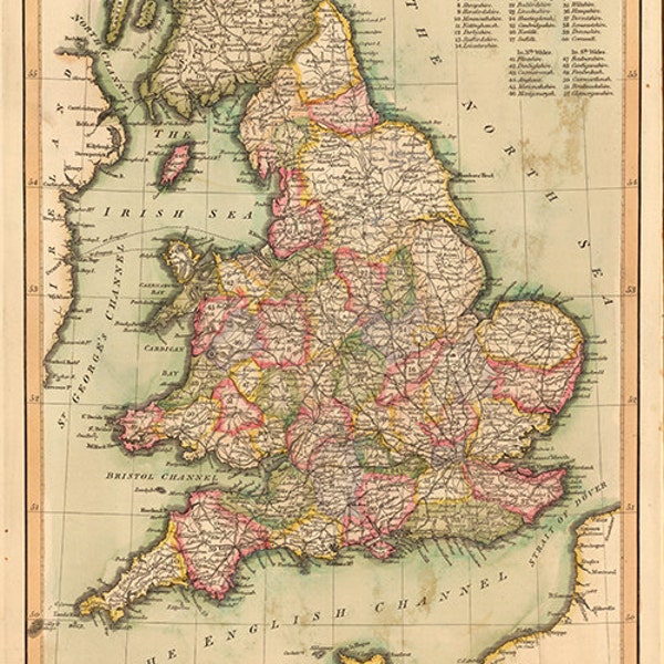 Map of England And Wales 1814.  Vintage restoration hardware home Deco Style old wall reproduction map print.