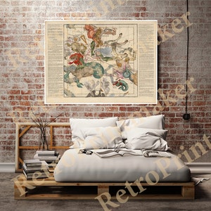 Puede incluir: Impresión vintage de un mapa celeste con una ilustración detallada de las constelaciones en el cielo nocturno. El mapa está impreso en papel envejecido con fondo crema e incluye texto latino.