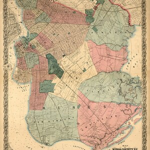 Brooklyn, Kings borough, New York, NY riproduzione mappa d'epoca. Dripps, McLellan 1868.
