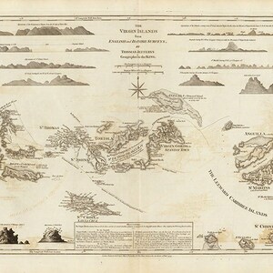 Mapa da Ilha Virgem, 1775. Mapa reimpresso vintage. 1892. Impressão de mapa de reprodução de parede antiga em estilo Deco, com ferragens de restauração vintage.