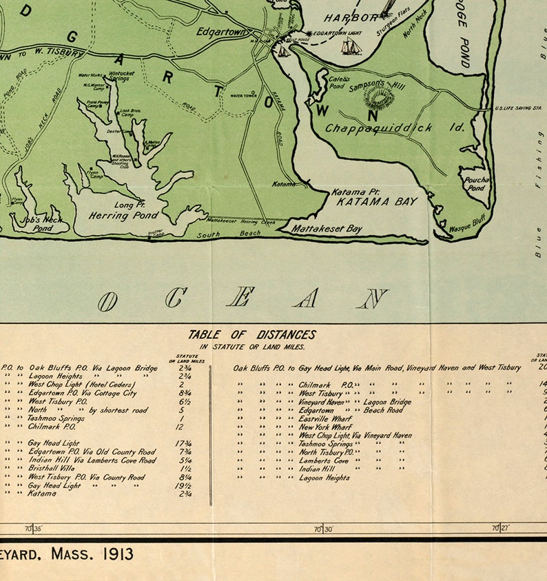 Puede incluir: Un mapa vintage de la isla de Martha's Vineyard, en Massachusetts, con una tabla de distancias entre varios puntos de inter&eacute;s. El mapa muestra la ubicaci&oacute;n de ciudades, carreteras y puntos de referencia, incluyendo Oak Bluffs, Gay Head, West Tisbury, Chilmark y Vineyard Haven. La tabla de distancias est&aacute; en millas terrestres.