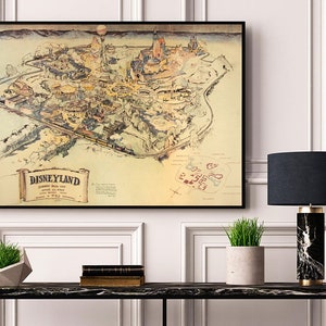 Disneyland Schematische Luftbildkarte - Panorama-Vogelansicht-Karte von Disneyland. Eine alte Wandkarte im Vintage-Stil.