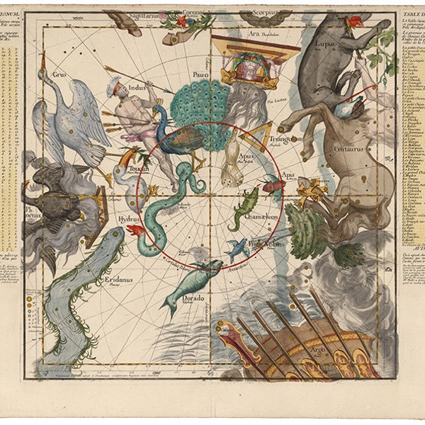 Mapping the Heavens in 1693, Plate 6.  Centaurus, Indus, Chamaeleon and other constellations.  Beautiful star and constellation map.