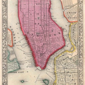 Plano de Manhattan, Nueva York, del Nuevo Atlas General de Mitchell. Reproducción de mapa vintage. Muestra Brooklyn, Hoboken y Battery.
