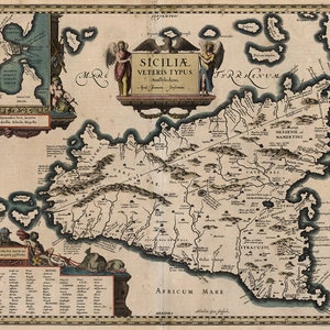 Map of Sicily, Italy, 1619.  Vintage home Deco Style old wall reproduction map print.