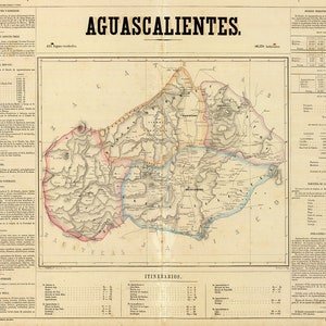 Map of Aguascalientes, Mexico, 1858. Vintage Home Deco Style Old Wall 