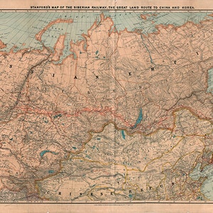 Map of Siberian Railway the Great Land Route to China and Korea, 1917. Home Deco Style Old Wall Map Vintage Reproduction