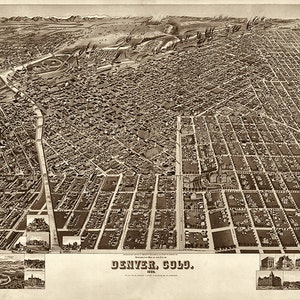 Denver, Colorado CO.  1889. Vintage Restaurierung Hardware Home Deco Stil alte Wand Reproduktion Landkarte Druck.