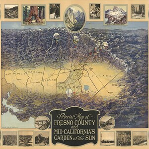 Karte der Stadt Fresno and Mid-California's Garden of the Sun, Kalifornien (CA), Vintage home Deco Style alte Wandkarte