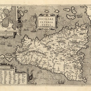 Map of Sicily, Italy, 1900s.  Vintage home Deco Style old wall reproduction map print.
