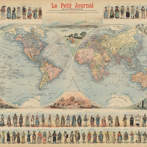 Le Petit Journal Mappemonde 1880. Reproduction de carte murale ancienne de style déco maison vintage.