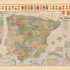 Kaart van Spanje en Portugal en zijn kolonies, 1892.   Restauratie Hardware Home Deco Stijl Oude Muur kaart. Vintage reproductie.