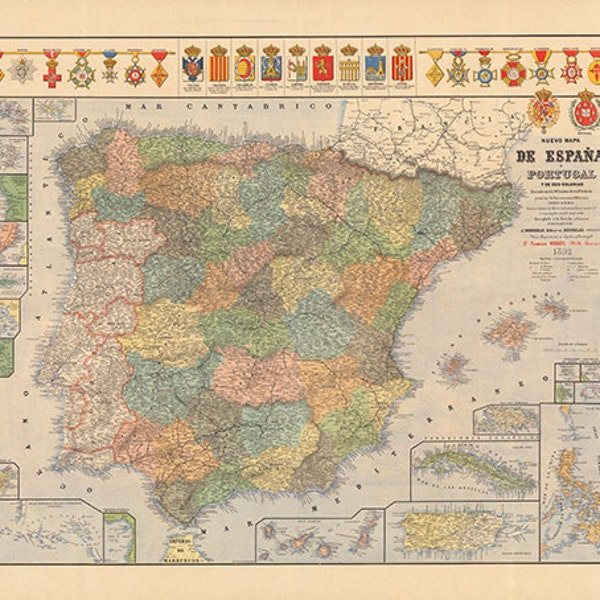 Map of Spain and Portugal and its colonies, 1892.   Restoration Hardware Home Deco Style Old Wall Map. Vintage Reproduction.