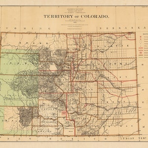 Map of Colorado 1876. Vintage restoration hardware home Deco Style old wall reproduction map print.
