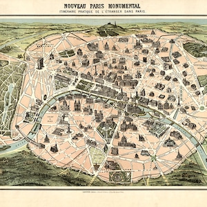 Nouveau Paris Itinerário Monumental Pratique De L'Etranger Dans Paris.  Mapa de vistas panorâmicas dos vários monumentos e pontos de interesse