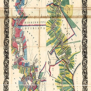 Karte des unteren Mississippi von Natchez bis New Orleans mit Landbesitzern.  Nachdruck von Beschlägen für die Restaurierung im Home-Deco-Stil