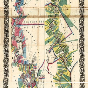 Chart of the lower Mississippi River, from Natchez to New Orleans, showing landowners.  Vintage restoration hardware home Deco Style reprint