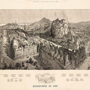 Carte d'Édimbourg en 1886. Ancienne carte murale de style décoration de quincaillerie restauration. Reproduction vintage